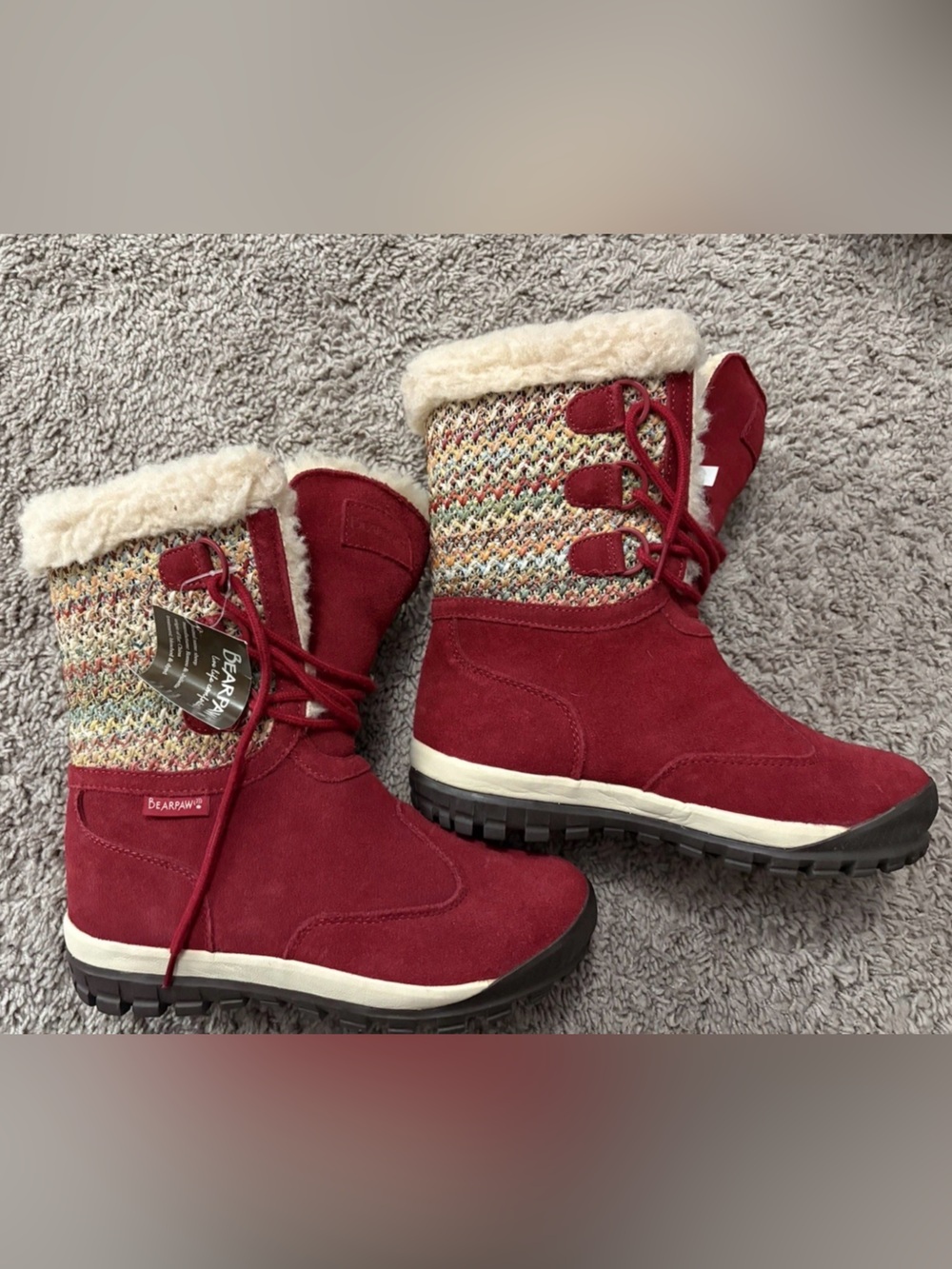 BearPaw Women's Red Suede Knit-Detail Winter Boots
